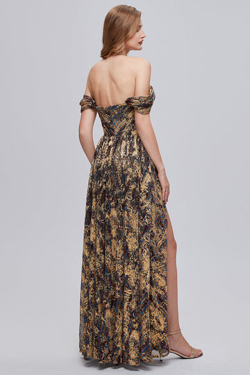 Glitter Brown Off the Shoulder Formal Ball Dress with Slit